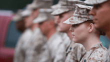 Members of the armed forces stand next to each other in a line.